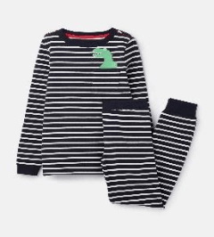 205681-NVCRMPKTDN Navy and white striped pajama with dinosaur motif  96% cotton 4% elastane 1 through 12